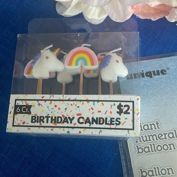 Unicorn and rainbow candles 6ct One Year Giant Balloon And Gold Party Picks - Picture 2 of 4